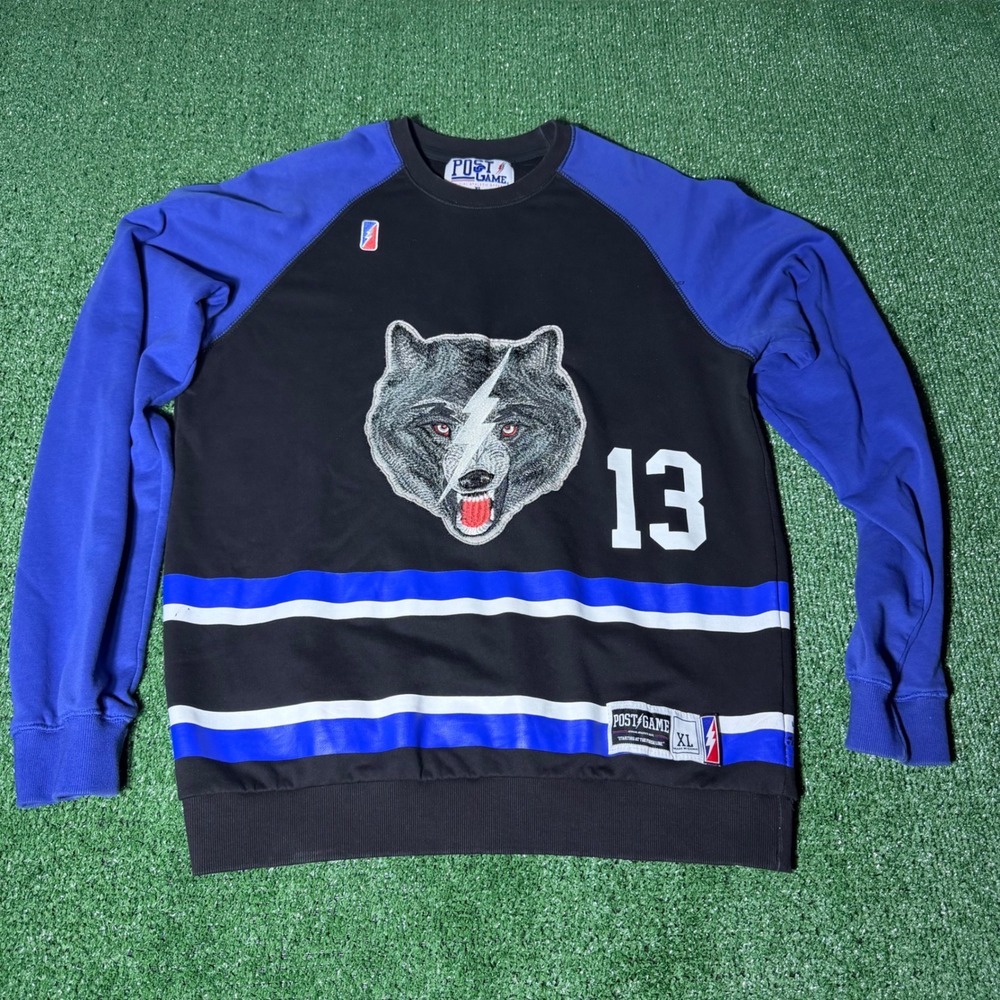Post Game Wolf Lightning Bolt Jersey Sweatshirt Black Blue XL UNDRDGS 13 Raglan